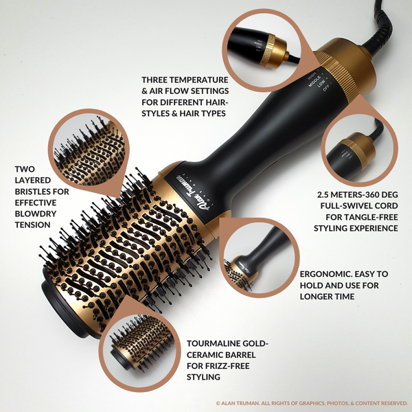 Black and gold blow dryer brush