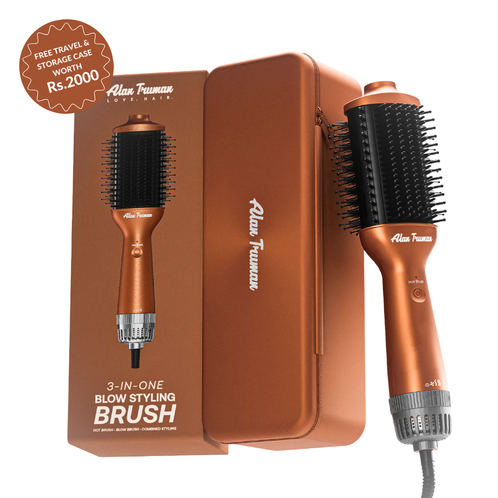 Alvin Truman 3-in-one blow styling brush with packaging on a white background