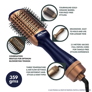 Alan Truman Blow dryer Brush with Storage & Travel Case Midnight Blue-Gold for easy blowdrying, blow styling and haircare